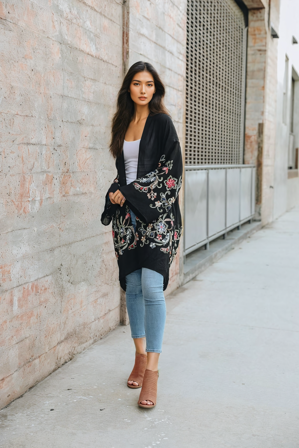 Sophisticated floral black kimono cardigan for layering.