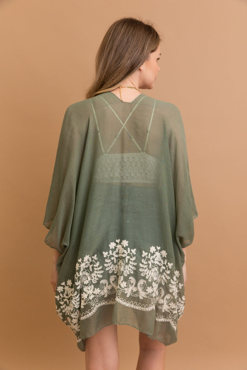 Stylish Enchanted Bloom floral sage kimono for casual and formal looks.