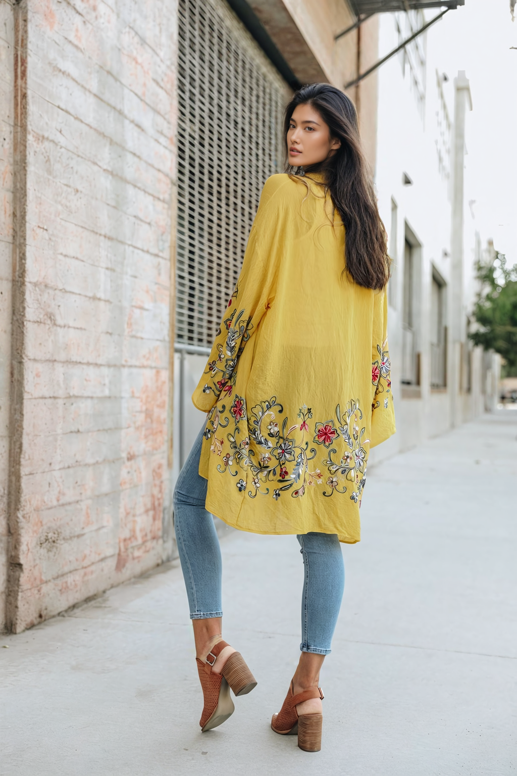 Trendy mustard long floral cardigan for versatile styling.
