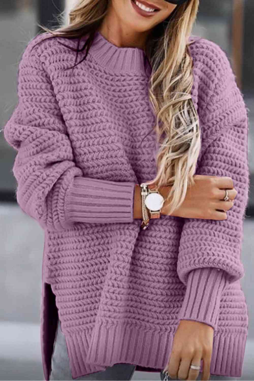 Woman's Round Neck Slit Sweater