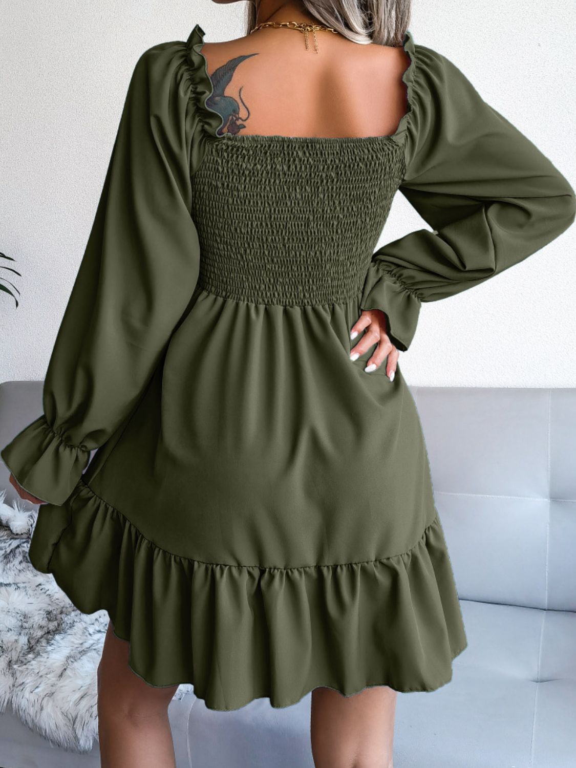 Ladies Smocked Flounce Sleeve Square Neck Dress