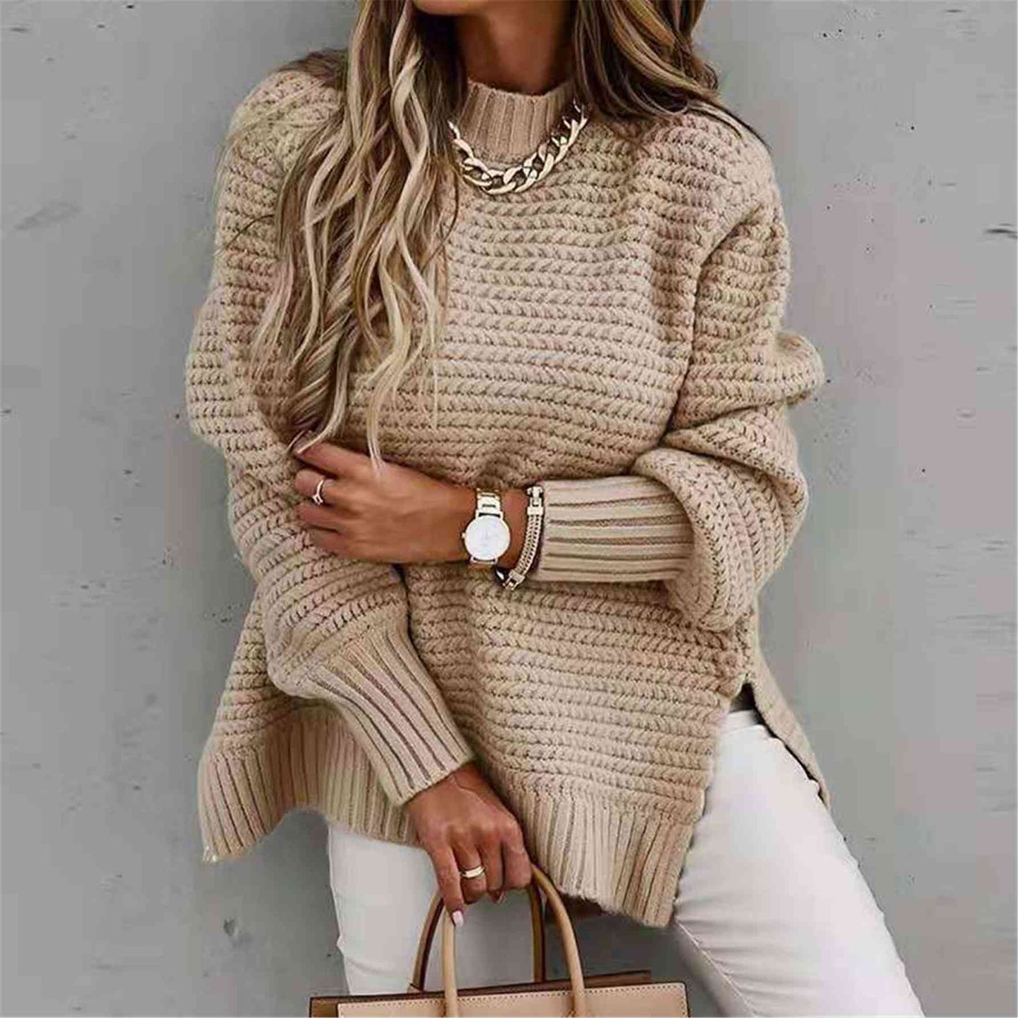 Woman's Round Neck Slit Sweater