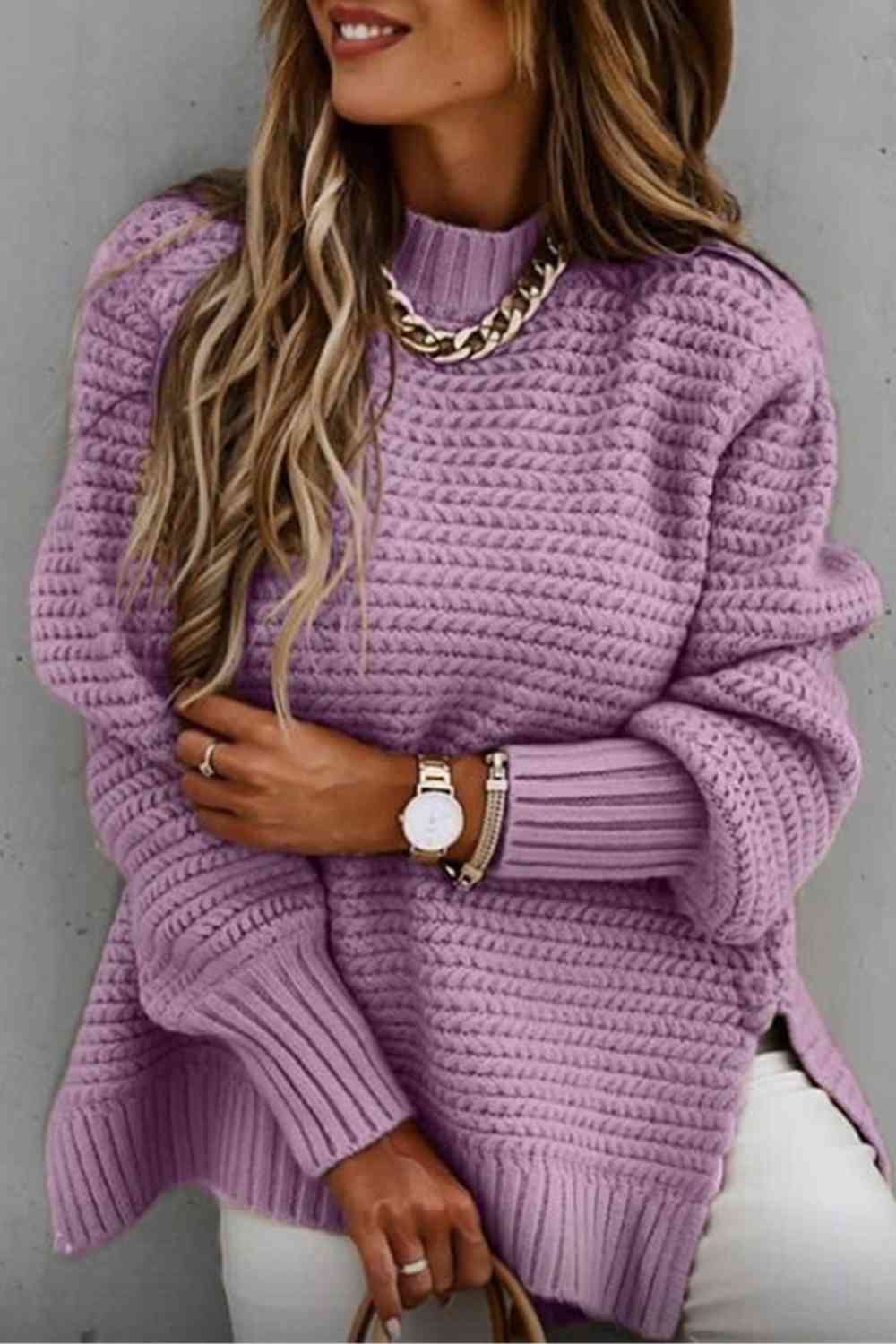Woman's Round Neck Slit Sweater