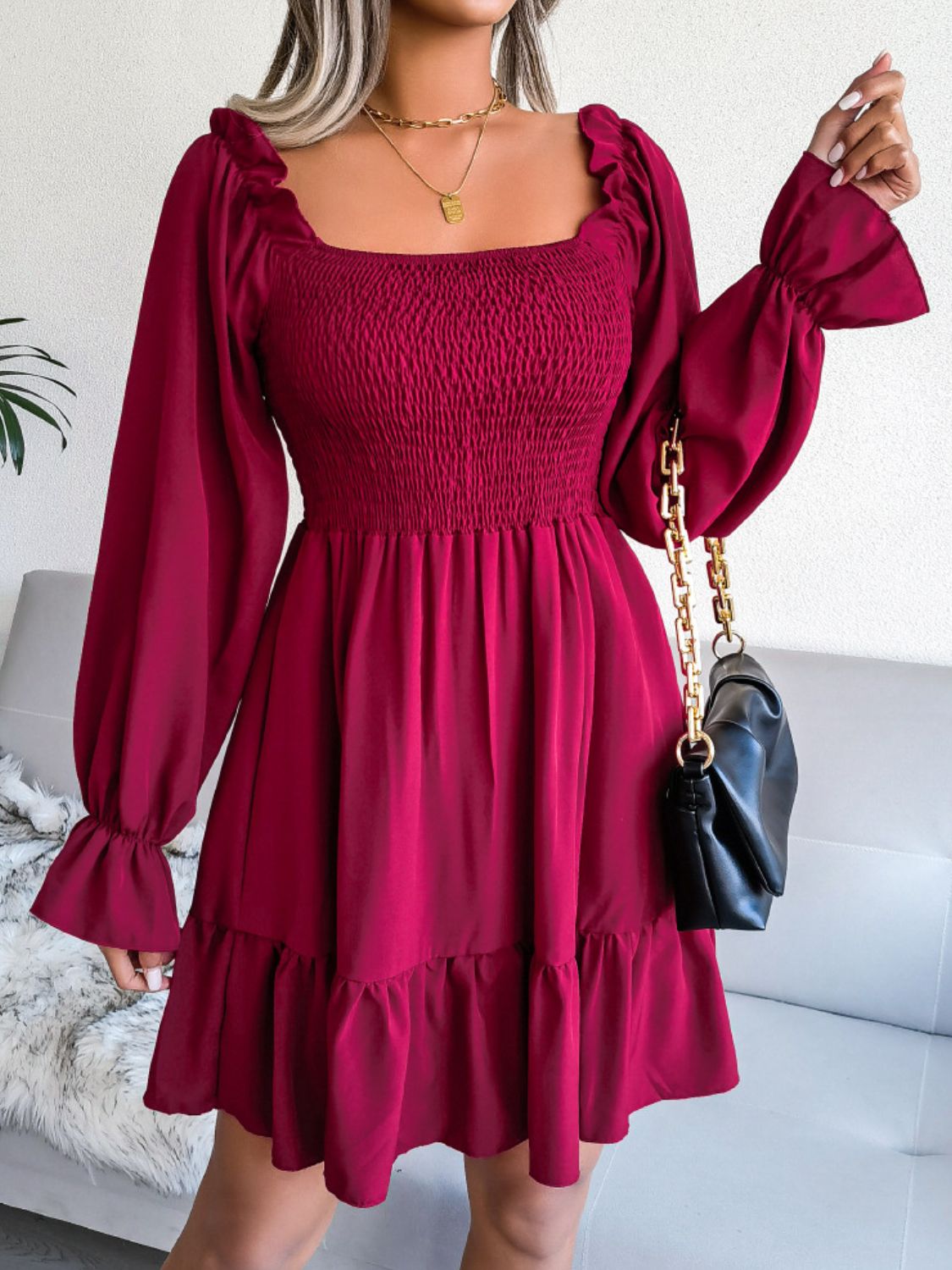 Ladies Smocked Flounce Sleeve Square Neck Dress