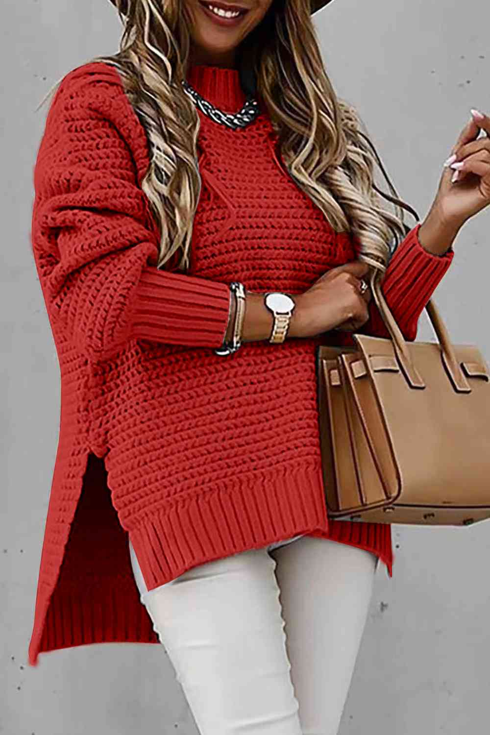 Woman's Round Neck Slit Sweater
