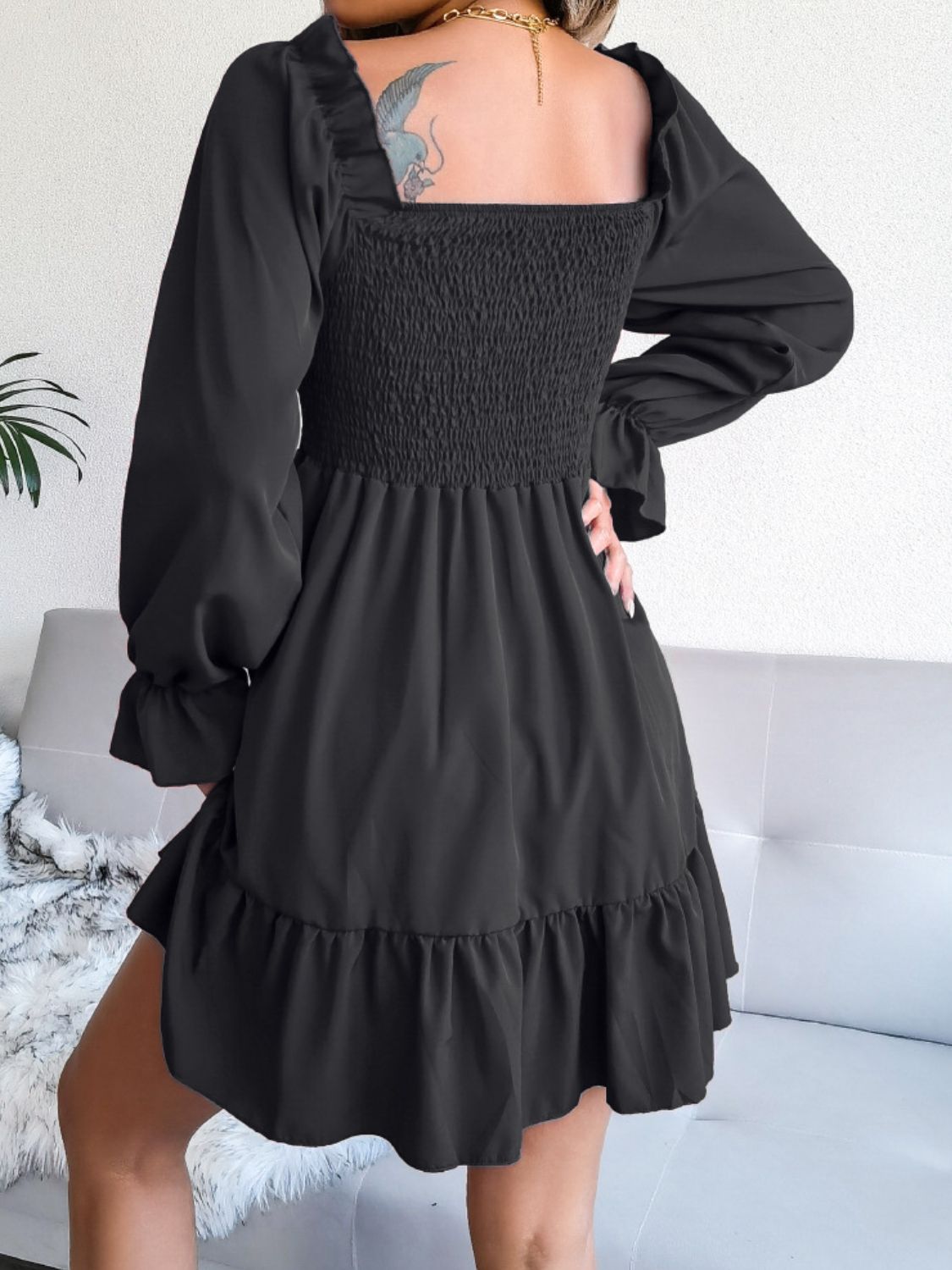 Ladies Smocked Flounce Sleeve Square Neck Dress