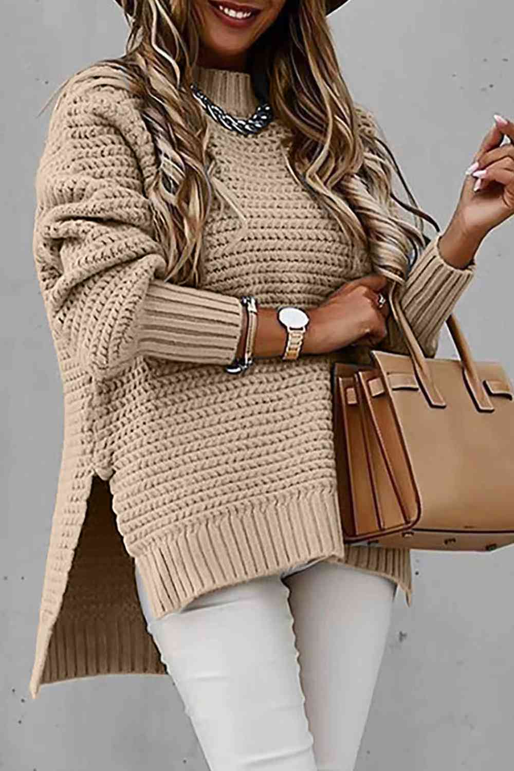 Woman's Round Neck Slit Sweater