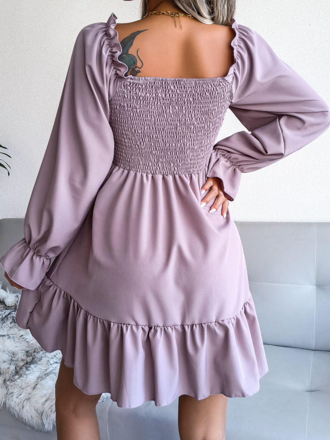 Ladies Smocked Flounce Sleeve Square Neck Dress