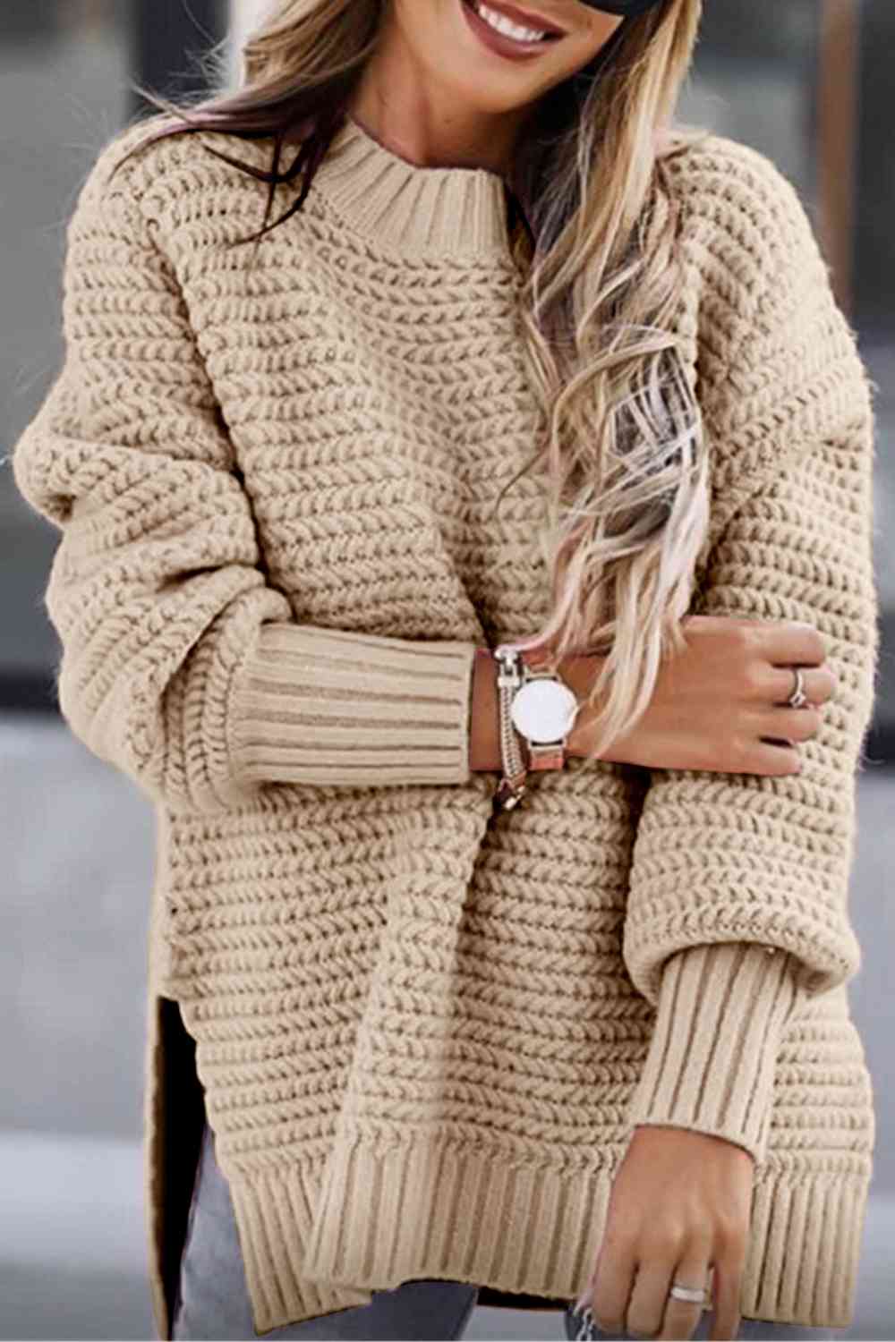 Woman's Round Neck Slit Sweater