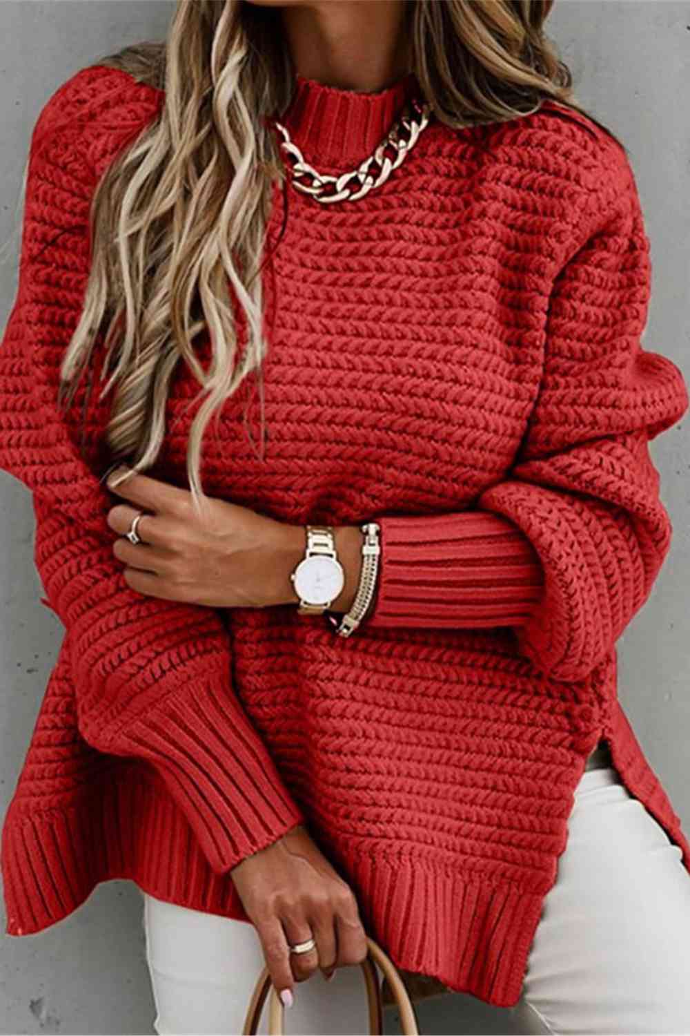 Woman's Round Neck Slit Sweater
