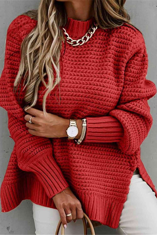 Woman's Round Neck Slit Sweater