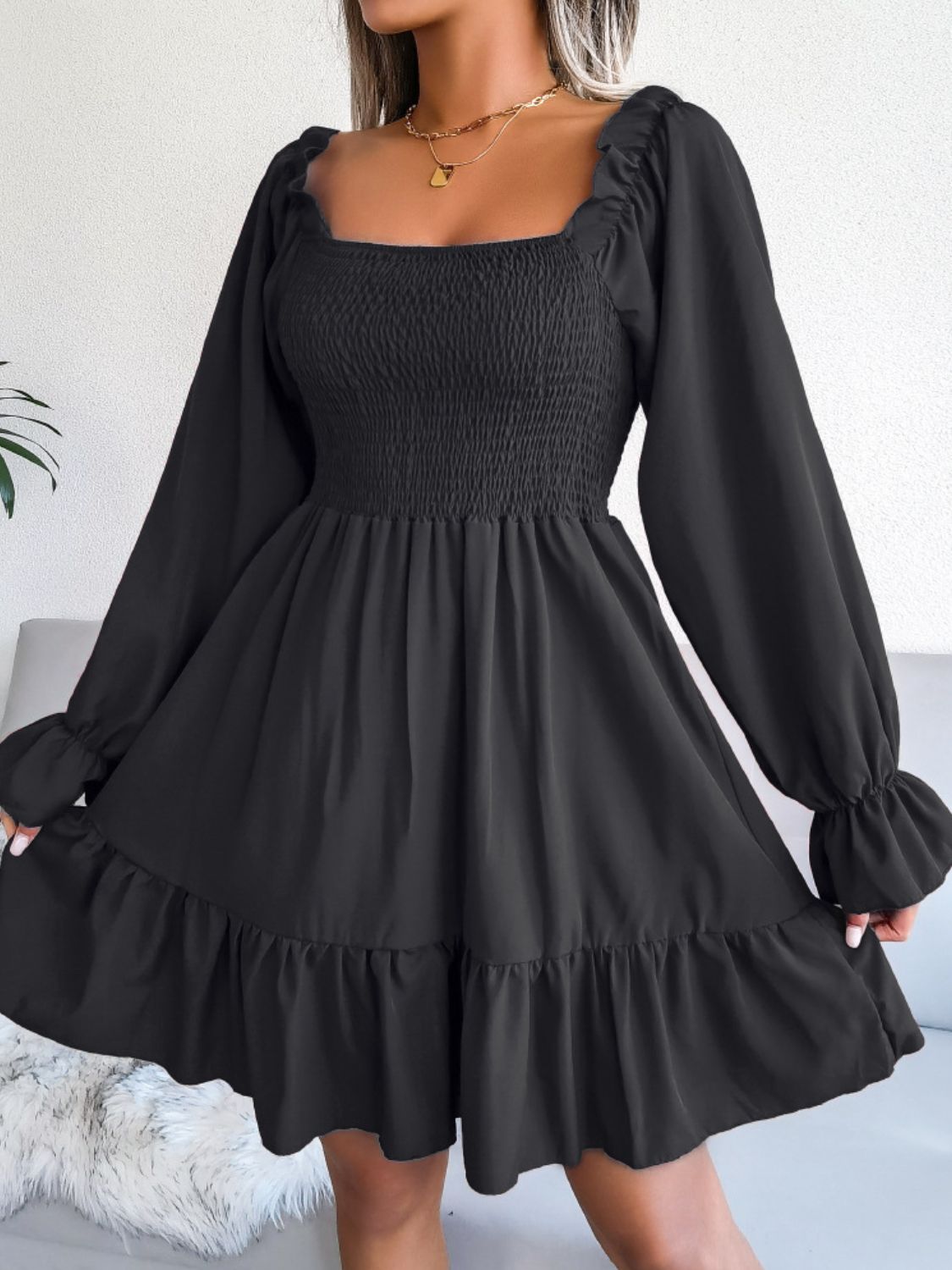 Ladies Smocked Flounce Sleeve Square Neck Dress